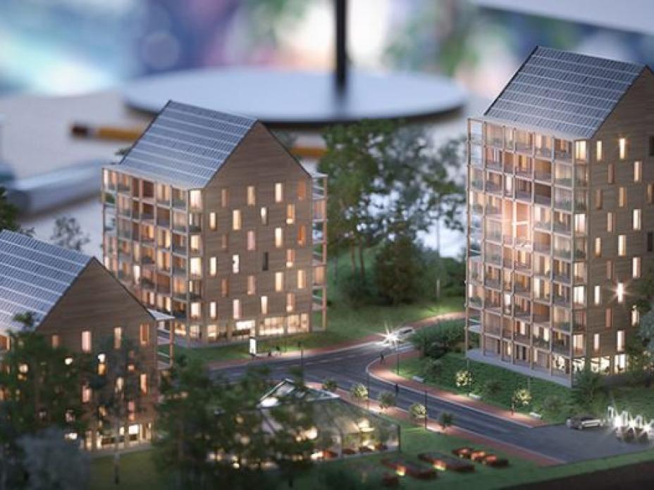 Klimatsmarta hyreshus i Växjö  Brödtext teaser: Klimatsmarta trähus rakt igenom med marknadens bästa supermiljökök Puustelli Miinus.  Brödtext mer info:  Dessa hus är en fortsättning och förädling av hus projektet Kv Ran i Västerås som blev färdigt våren 2021.  Här i Växjö bygger man totalt 45st lägenheter fördelat på 3st huskroppar. Man förädlar byggtekniken och bland annat sätter man plåttak istället för papp för att lättare kunna montera solcellerna på taket.  Man valde att fortsätta med Puustelli Miinus